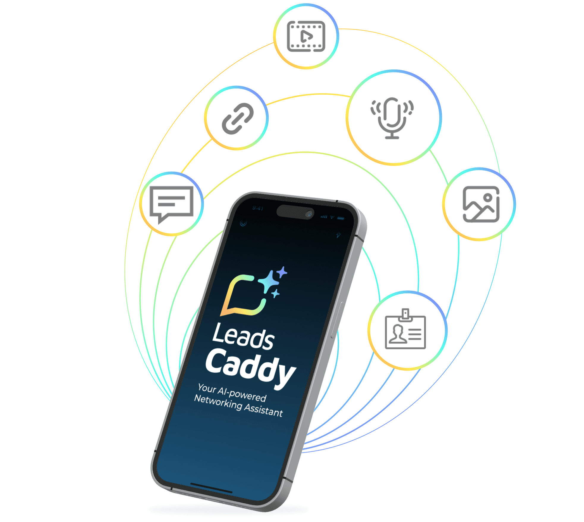 Illustration of a smartphone displaying the 'Leads Caddy' app, described as 'Your AI-powered networking assistant.' Surrounding the phone in a semicircle are six icons representing different features: a video player, a microphone, an image, an ID card, a speech bubble, and a link. These icons are connected to the phone by multicolored curved lines, suggesting an integration of various features within the app. The Leads Caddy logo on the phone’s screen shows a stylized chat bubble with stars, featuring a color gradient from yellow to blue.