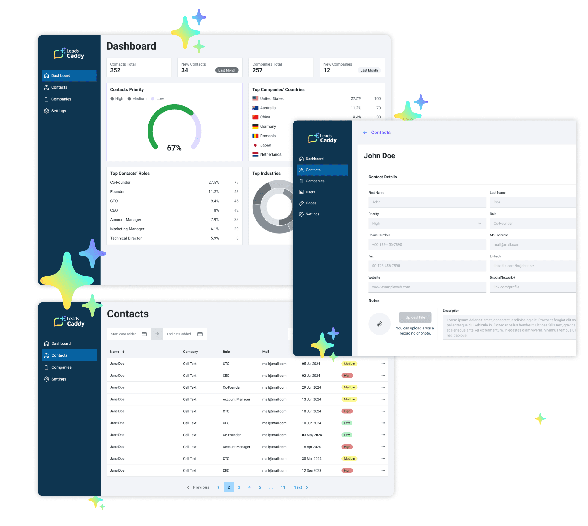 Leads Caddy user interface, a business contact management app. The image shows three main sections. Dashboard: Displays key statistics such as the total number of contacts, new contacts, and companies. It includes charts for contact priority, top roles, and leading company countries. Contacts: Shows a table with contact information, including name, company, role, and email. The table has pagination and filtering options by date. Contact Details: A detailed form for an individual contact, with fields for personal and professional information. The interface has a clean design with a dark blue sidebar for navigation, and the Leads Caddy logo appears in several places. The design uses shades of blue, white, and multicolored accents for the decorative stars.